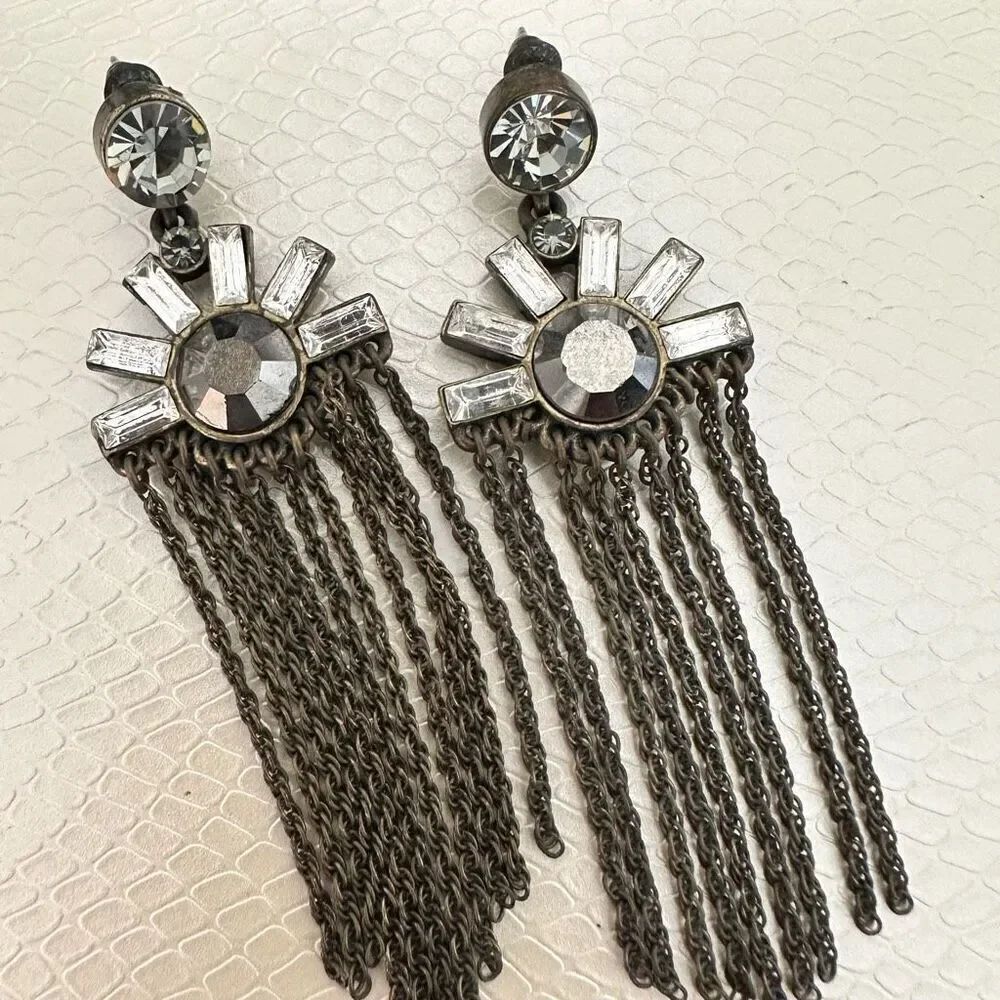 RARE Art Deco Drop Fringe Tassel Stud Pierced Dangle Earrings Silver-tone OS
